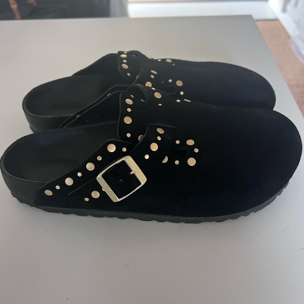 Birkenstock Black and Gold Clogs with Studded Strap